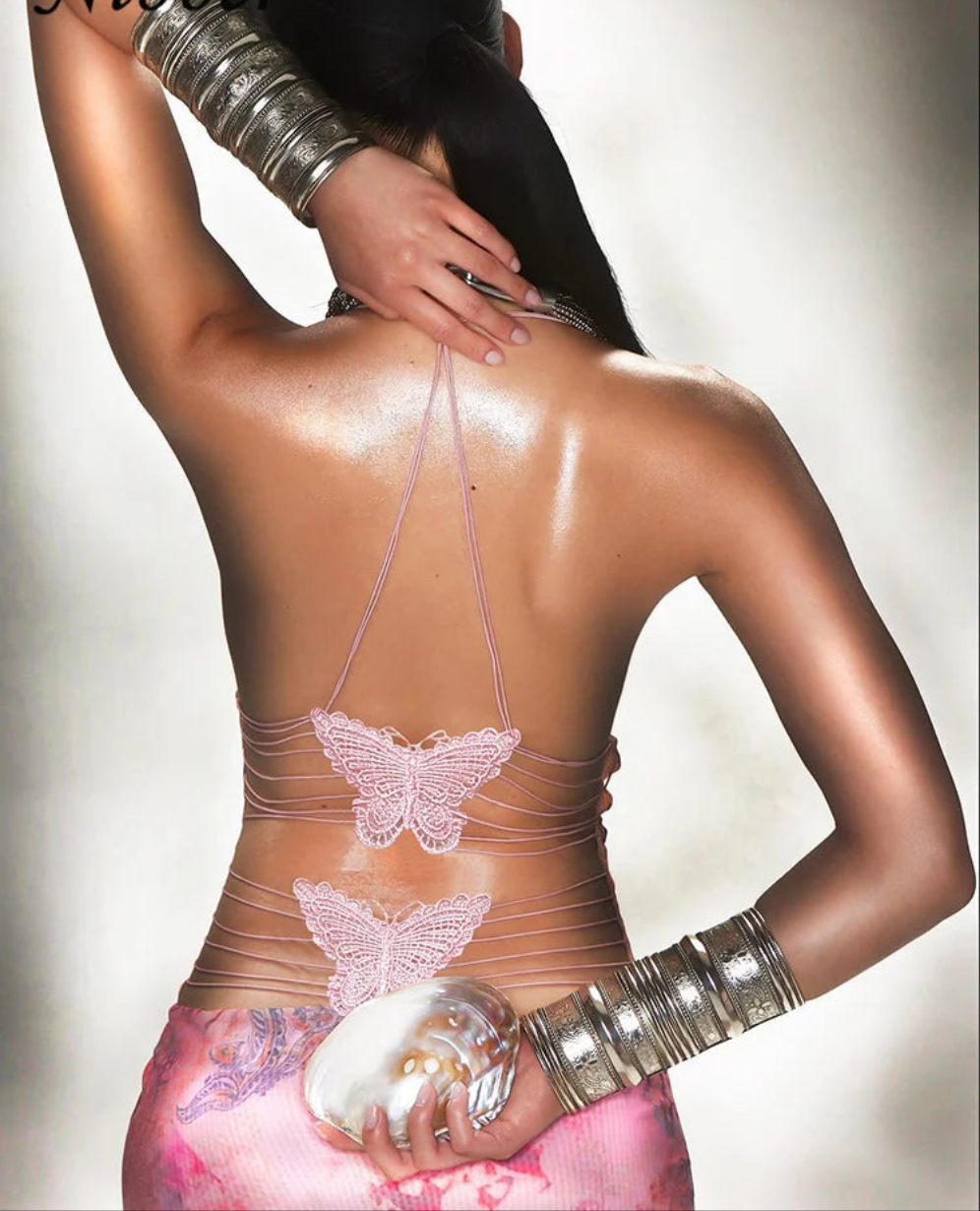 Pink Sleeveless Butterfly Back Strap Design Halter Bandage Backless V-Neck Maxi Dress
