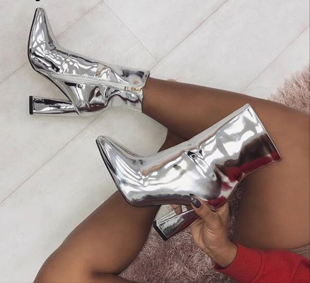 Metallic Patent Leather Women's Pointed Toe Square Heel Ankle Boots