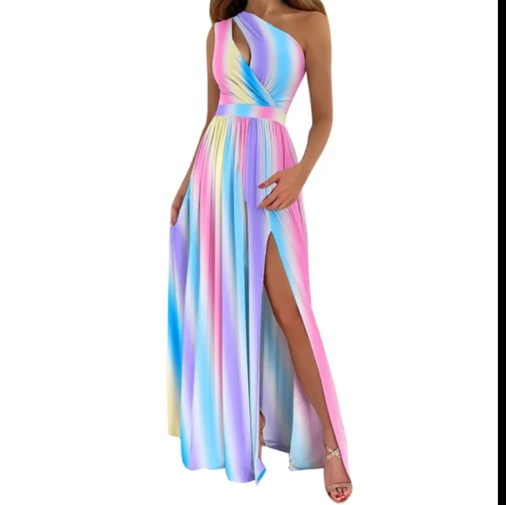 Solid/Floral/Rainbow Gradient Print Asymmetrical One Shoulder Bodycon High Slit Maxi Dress