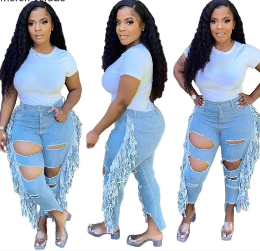 Hole Ripped Hollow-Out Side Tassel Design Women's Streetwear Jeans to 5X Plus Size