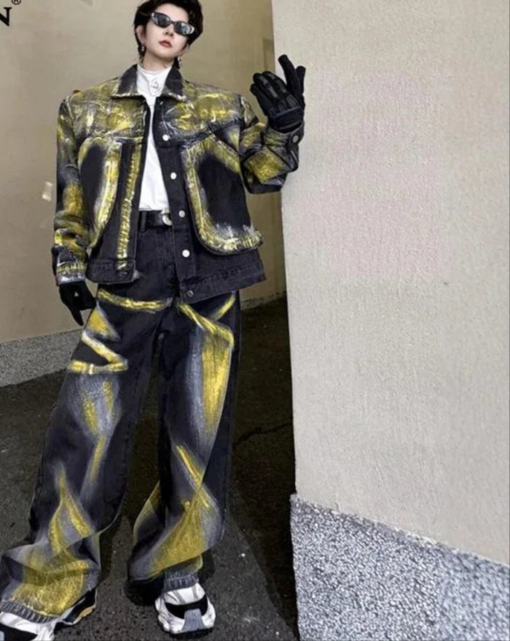 Men's Black/Yellow Colorblock Gradient Painted Design Denim Jean Jacket + Baggy Denim Jeans 2-Piece Set