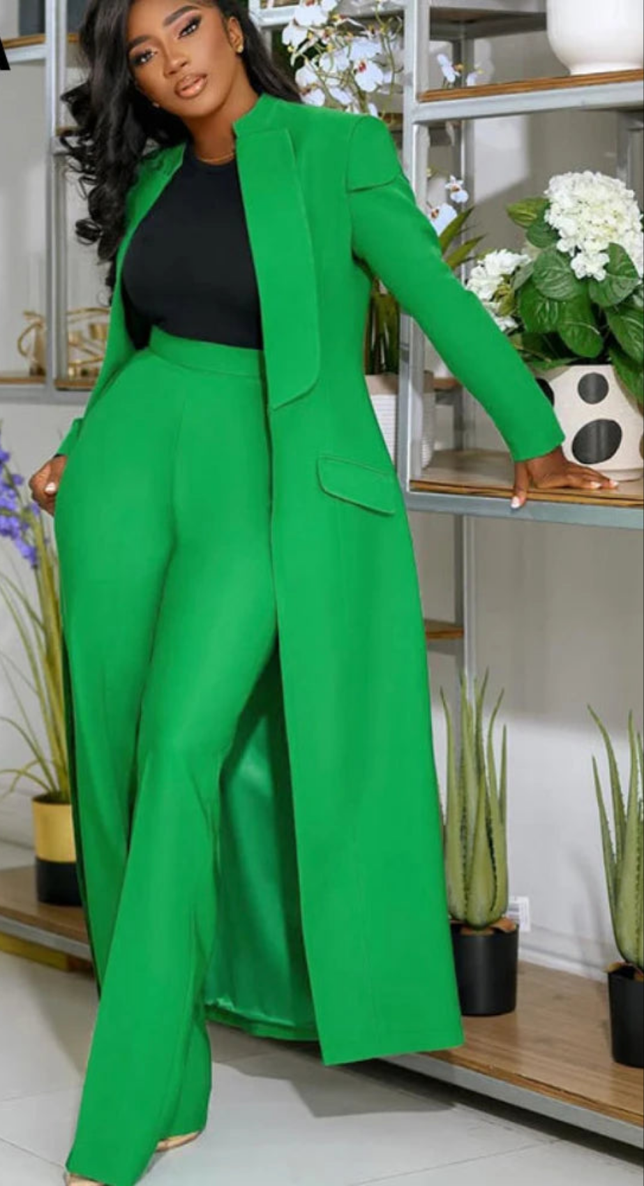 Notched Collar Solid Color Pocketed Maxi Trench Blazer + Pants Women's Office/Formal Party Suit