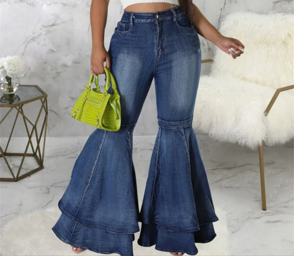 Denim Spliced Layered Flared Women's Stretch Bootcut Wide Leg Bellbottom Jeans