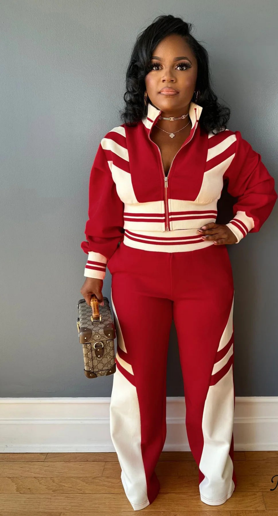 Striped Women's Colorblock Cropped Zipper Jacket + Matching Pants Tracksuit