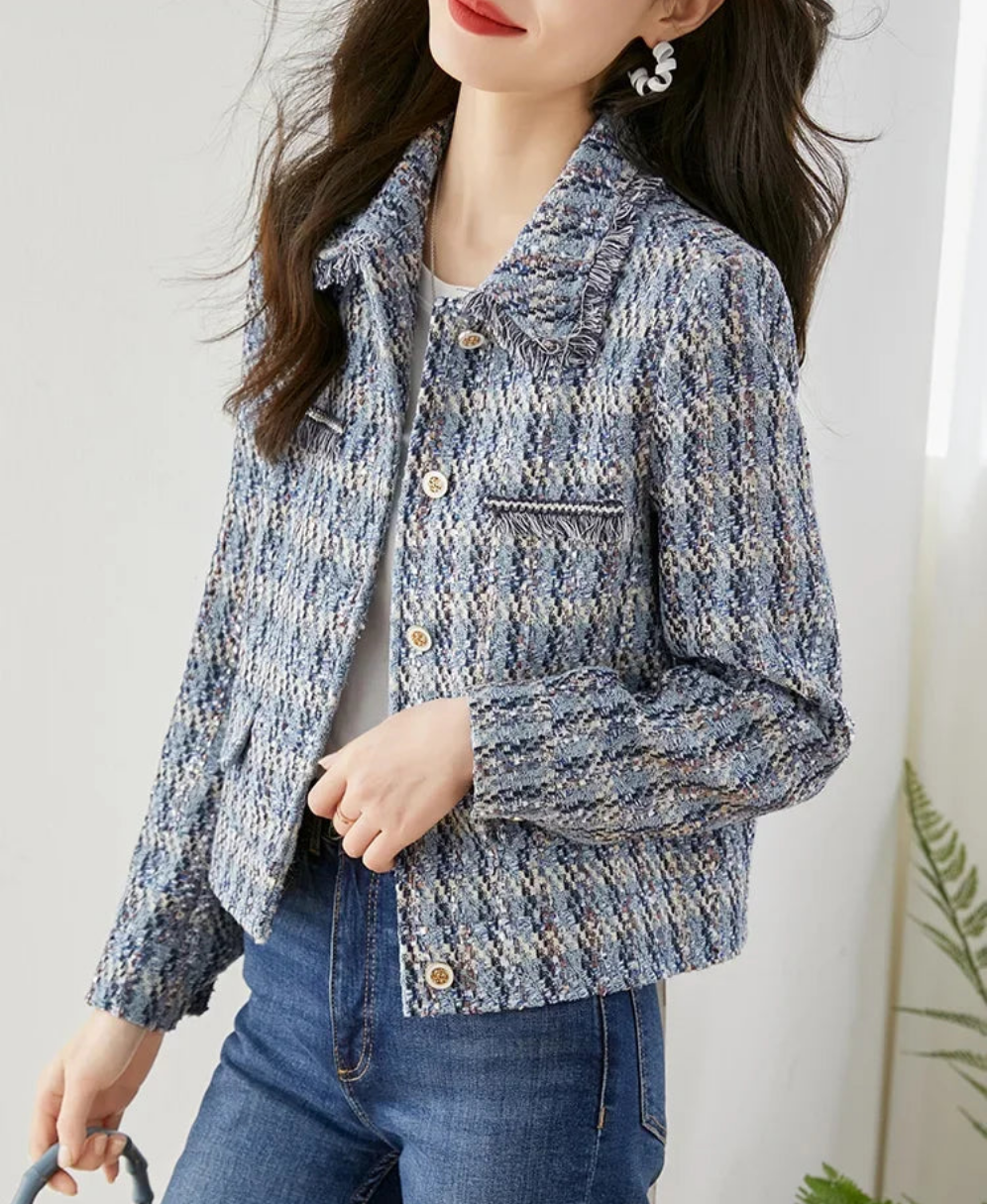 Plaid Cropped Tweed Wool Blend Tassel Blazer