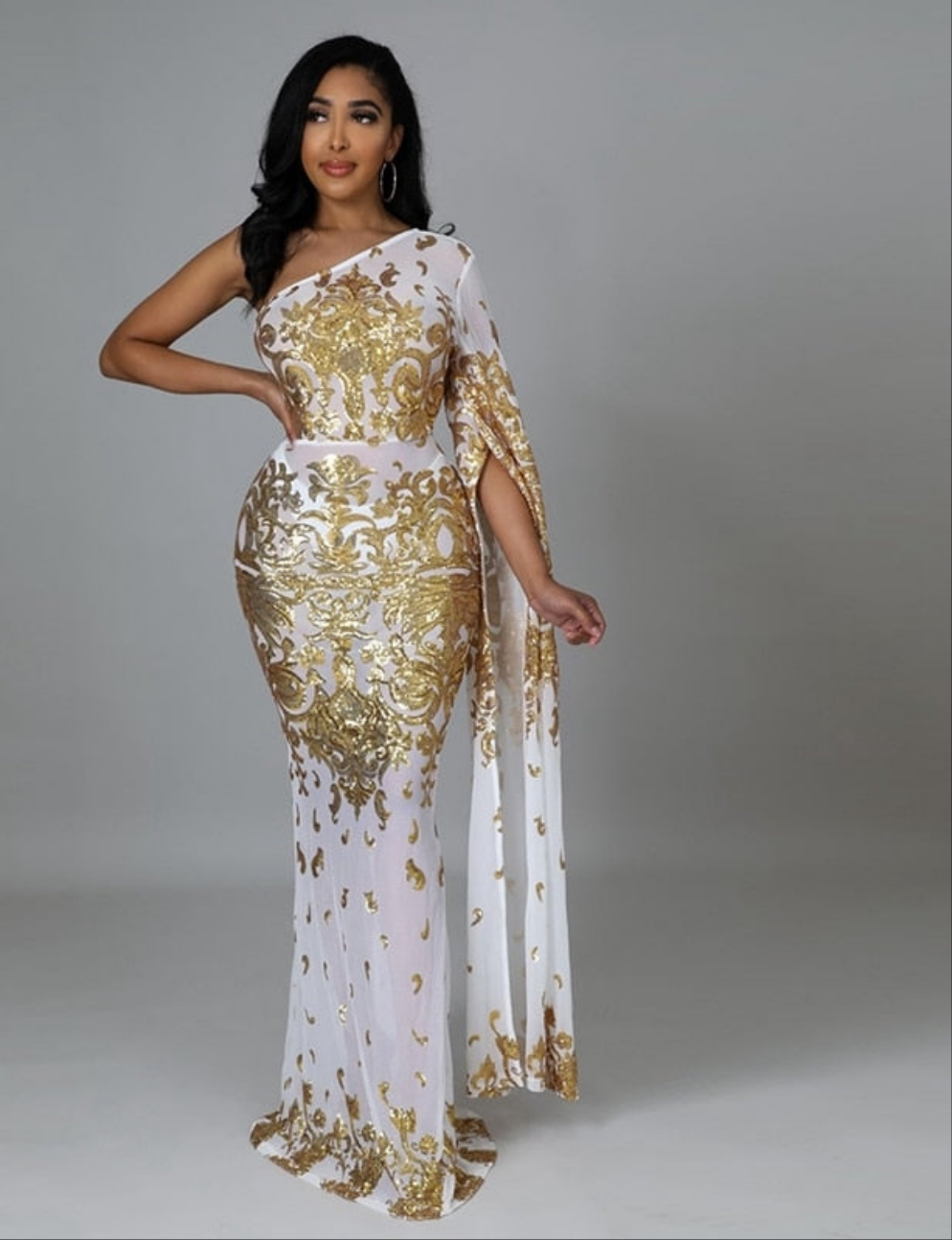 Sparkling Metallic Gold/White or Solid Black Sequin One Shoulder Sheer Mesh Maxi Bodycon Evening Gown w/ Sweep Train