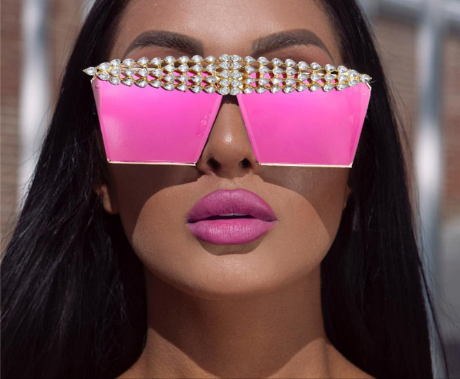 Mirror Reflective Square Diamond Net Flat Top Crystal Punk Sunglasses