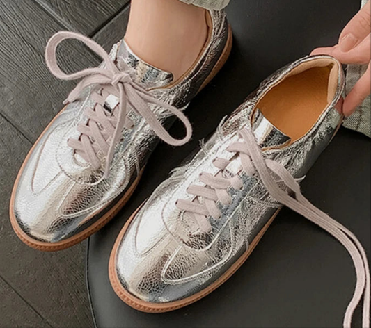 Metallic Silver/Gold Women's Oxford Style Lace-Up Elastic Athletic Tennis Shoes Sneakers