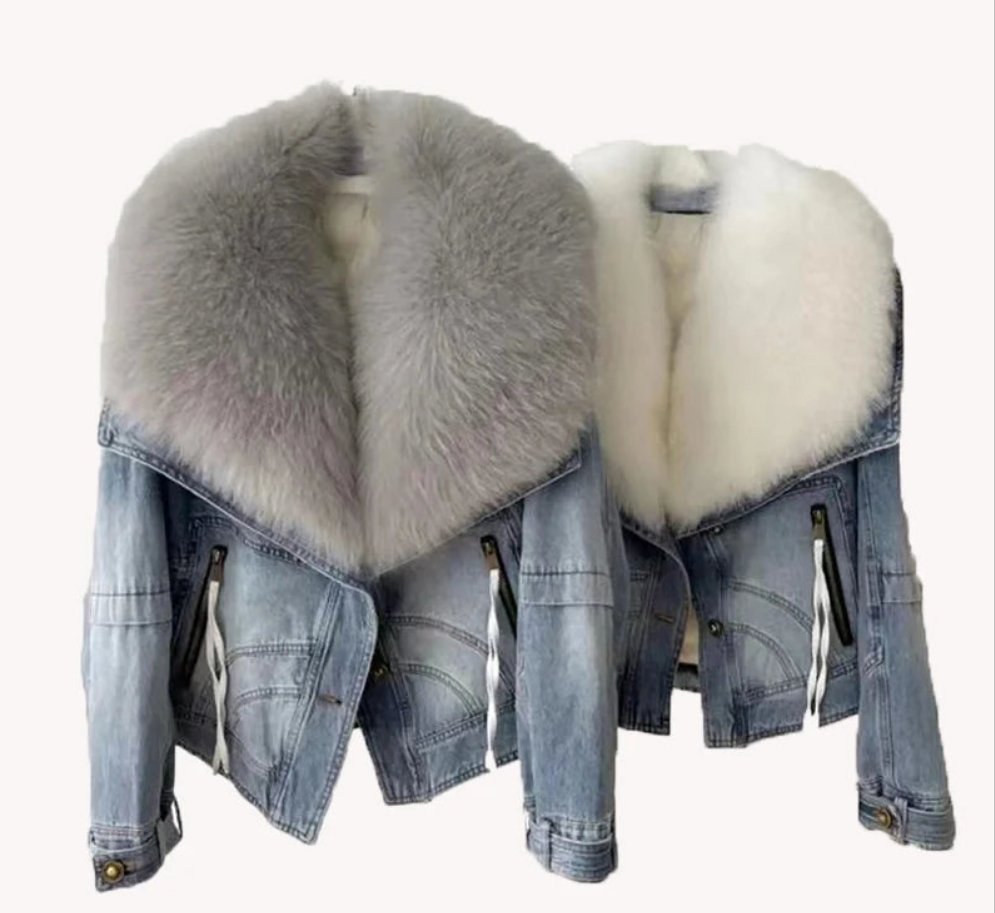 Denim Oversized 100% Real Fox Fur Collar Short Women's Goose Down Puffer Jean Jacket