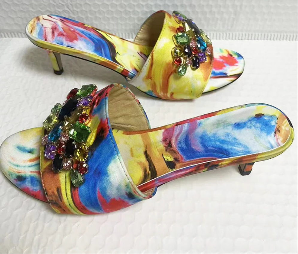 Baroque Print Rhinestone Designer Women's Open Toe Stiletto Slipper Sandals