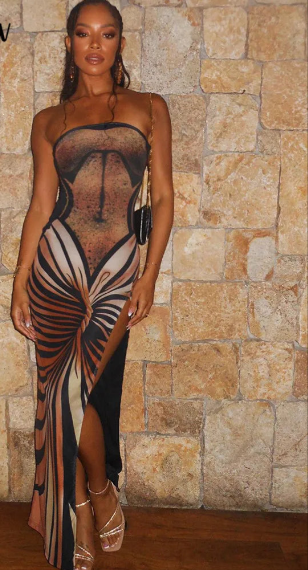 Geometric Swirl Striped Pattern Strapless Sleeveless Bodycon High Slit Maxi Tube Dress