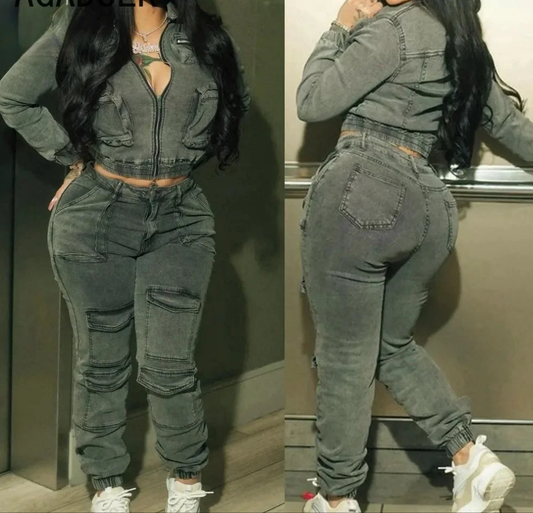 Denim Washed Women's Distressed Streetwear Zipper Cropped Jean Jacket + Cargo Multi-Pocket Jeans 2-Piece Set