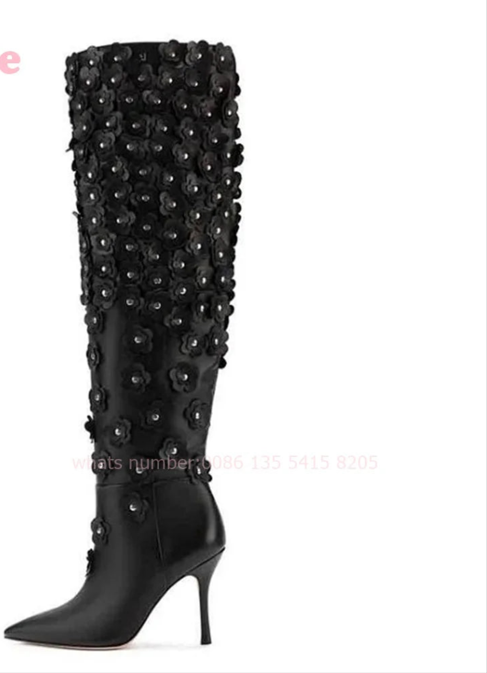 Black Leather Rhinestone Floral Embellished Pointed Toe Knee-High Stiletto Heel Slip-On Women's Boots