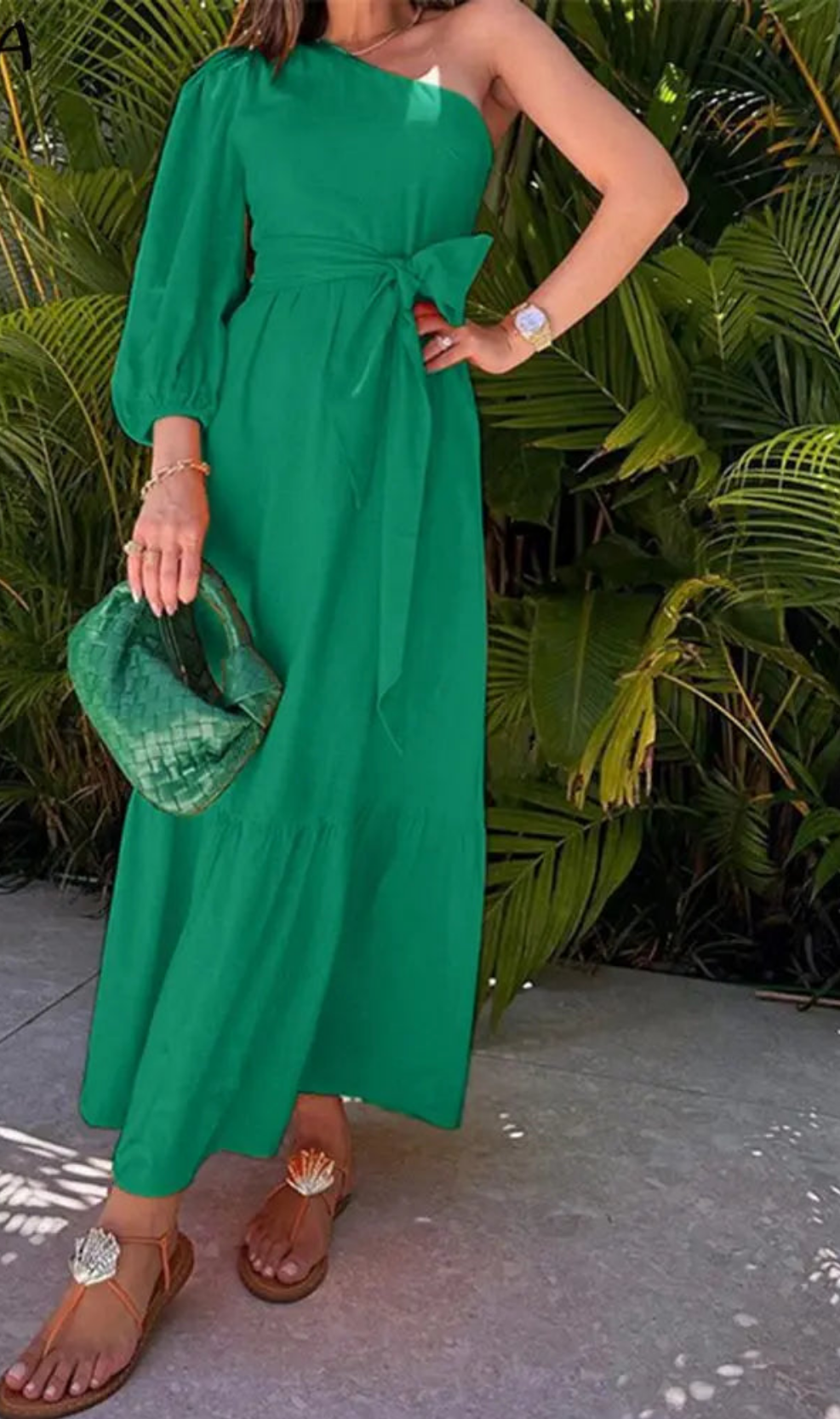 Bohemian Asymmetrical Solid Color One Shoulder Bandage 3/4 Sleeve Ruffled Maxi Dress to 5X