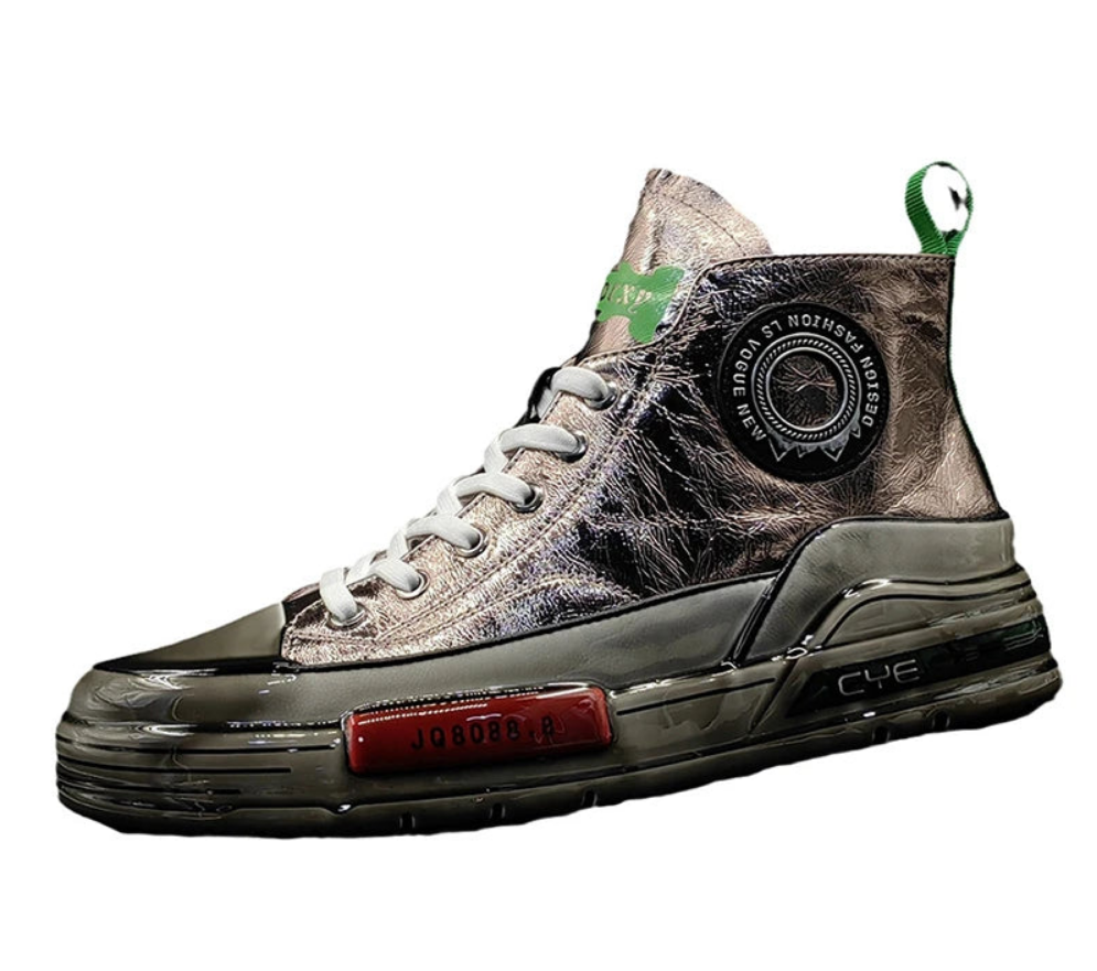 Men's Metallic Genuine Leather Rubber Sole Lace-Up Hightop Skater Sneakers