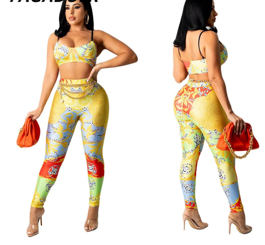 Starfish Print Sleeveless Crop Top + Skinny Spandex Fitness Leggings 2-Piece Set