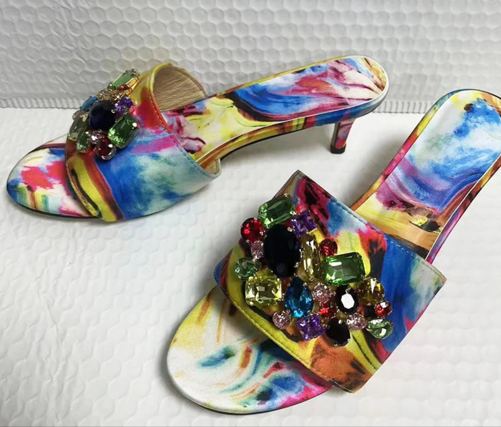 Baroque Print Rhinestone Designer Women's Open Toe Stiletto Slipper Sandals
