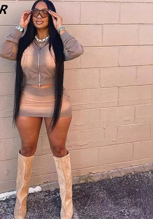 Tie-Dye Colorblock Gradient Women's Pocketed Long Sleeve Crop Zipper Jacket + Mini Skirt 2-Piece Set