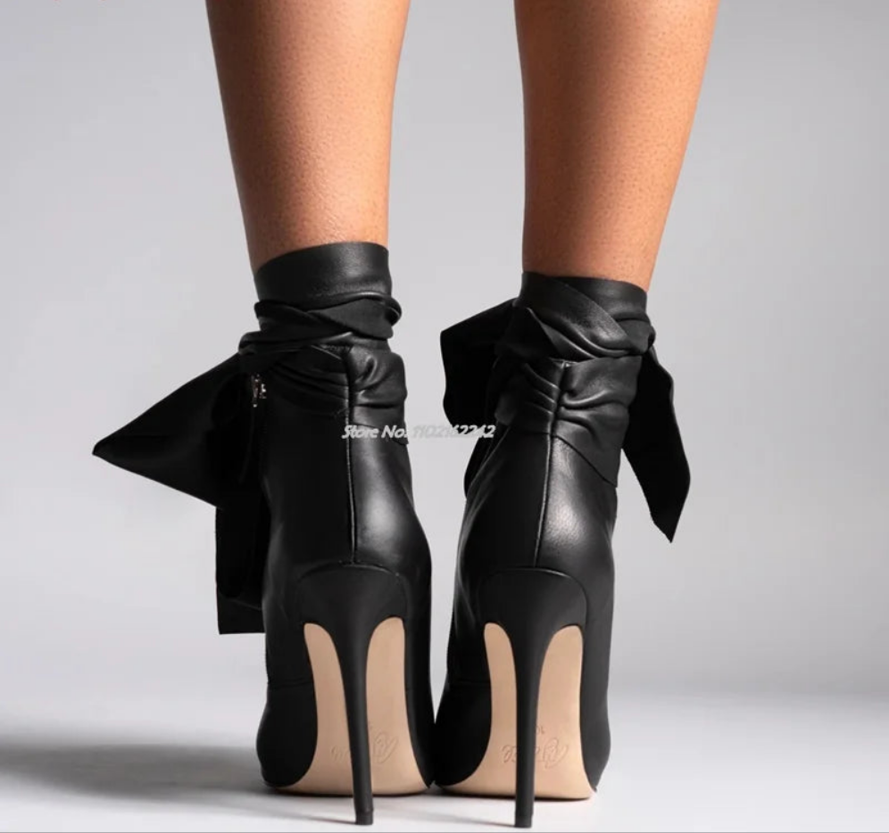 Bowtie Detail Women's Peep Toe Genuine Leather Pointed Toe Stiletto Heel Side Zipper Ankle Boots