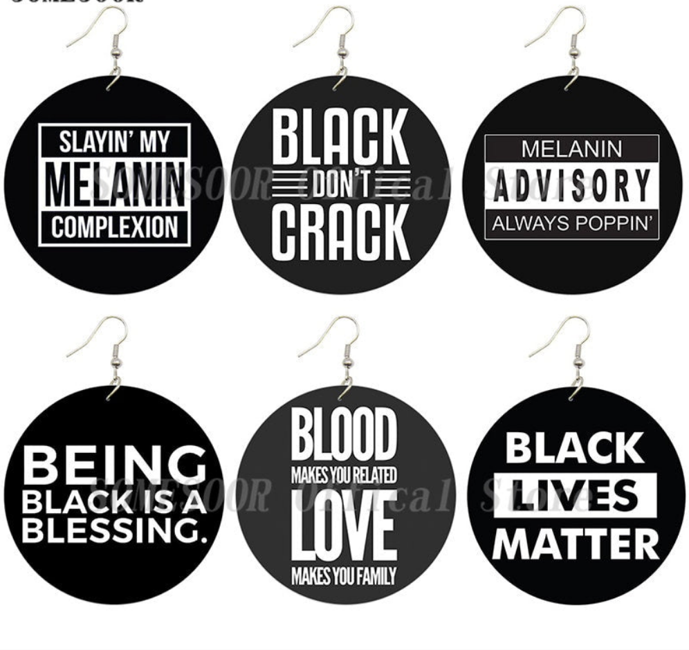 Black African-American Quote Print Women's Wood Drop Earrings