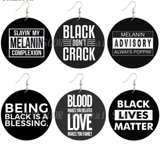 Black African-American Quote Print Women's Wood Drop Earrings