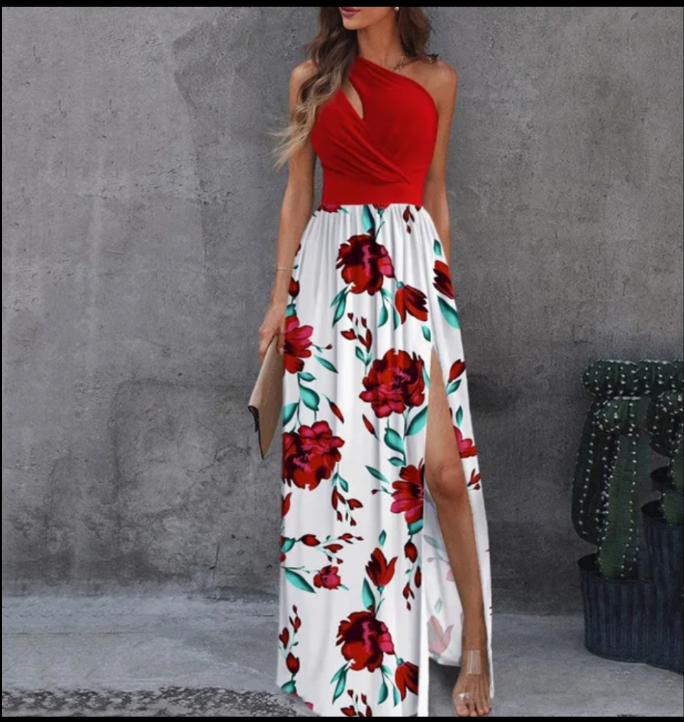 Solid/Floral/Rainbow Gradient Print Asymmetrical One Shoulder Bodycon High Slit Maxi Dress