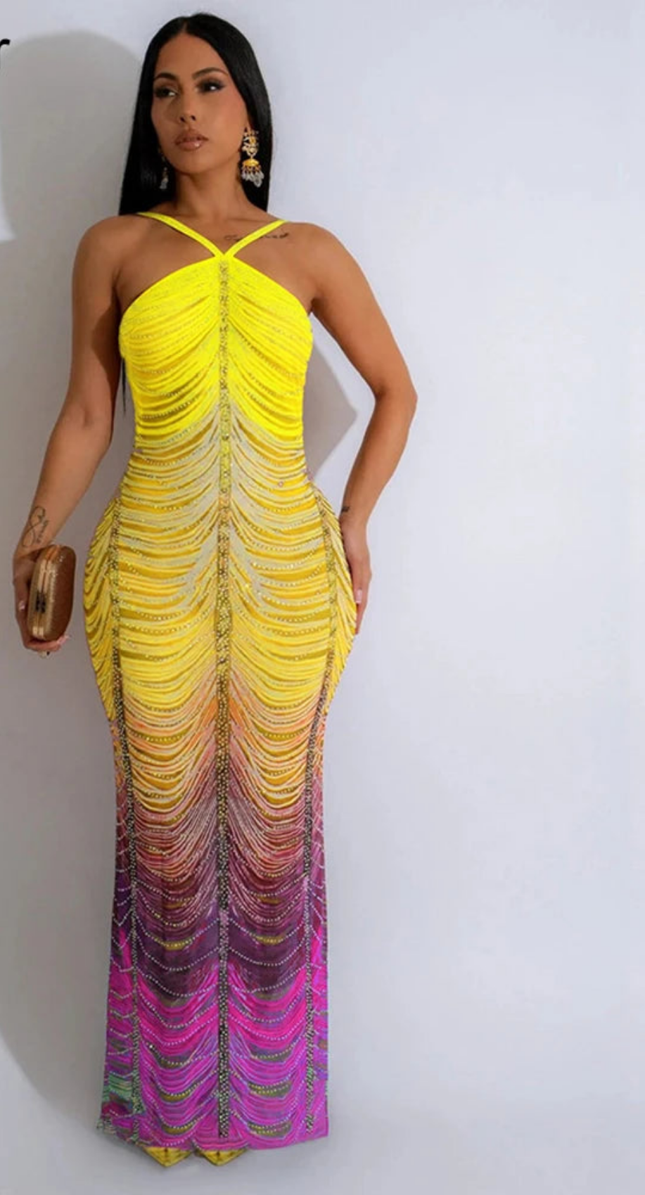 Rainbow Fringe Gradient Colorblock Rhinestone Tie-Dye Print Backless Sleeveless Formal Halter Maxi Dress