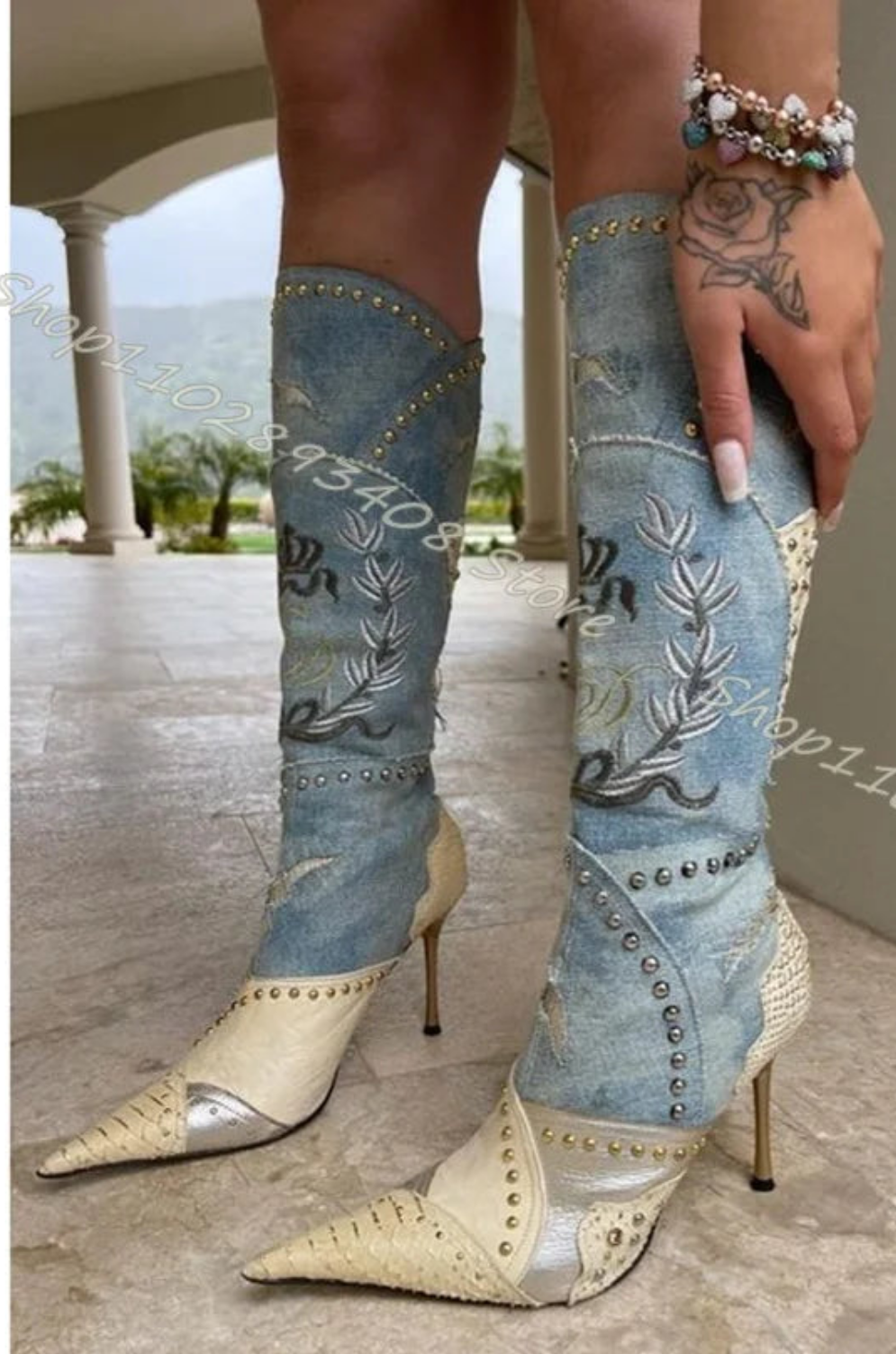 Western Rivet Patchwork Embroidered Spliced Pointed Toe Stiletto Heels Zipper Cowgirl Boots