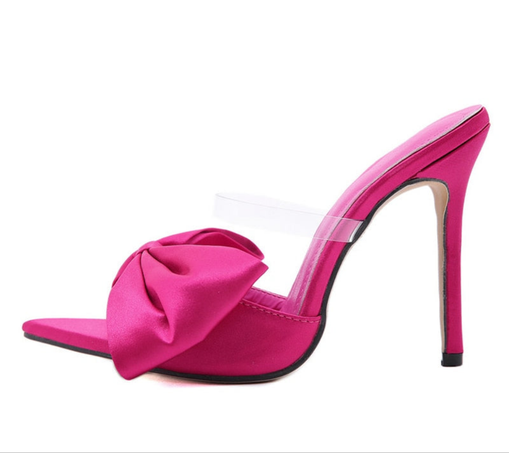 Silk Bow Butterfly Knot Open Toe Stiletto Heel Mule Slipper Sandal Pumps