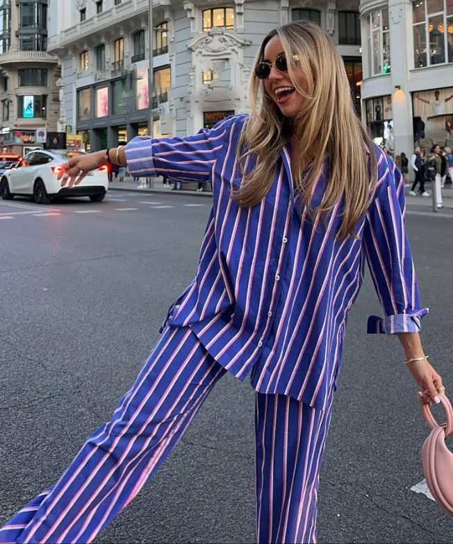 Striped Turn-Down Collar Long Sleeve Single Breasted Blouse + Elastic Waist Pants Women's 2-Piece Set