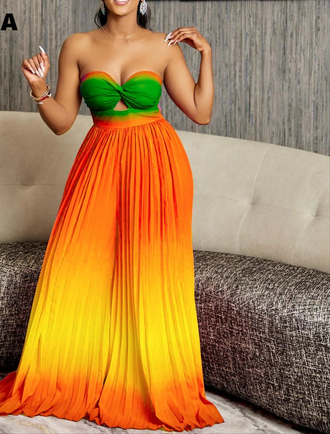 Gradient Ombre Sleeveless Pleated Strapless Wide Leg Tube Jumpsuit to 3X Plus Size