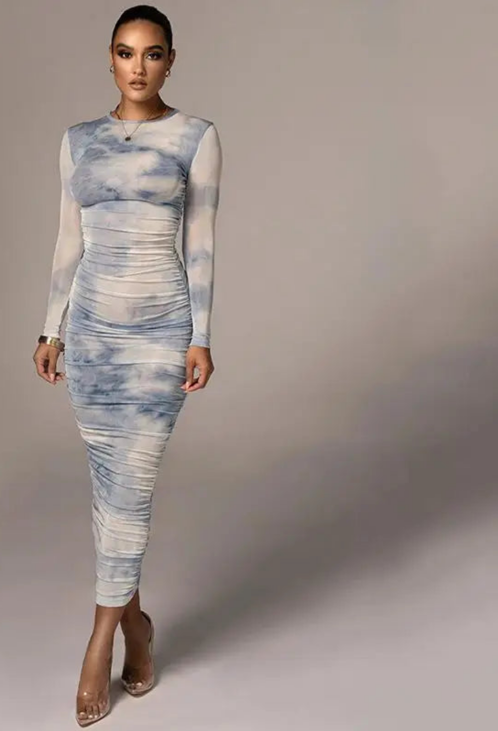 Tie-Dye Ruched Long Sleeve O-Neck Skinny Long Sleeve Maxi Dress