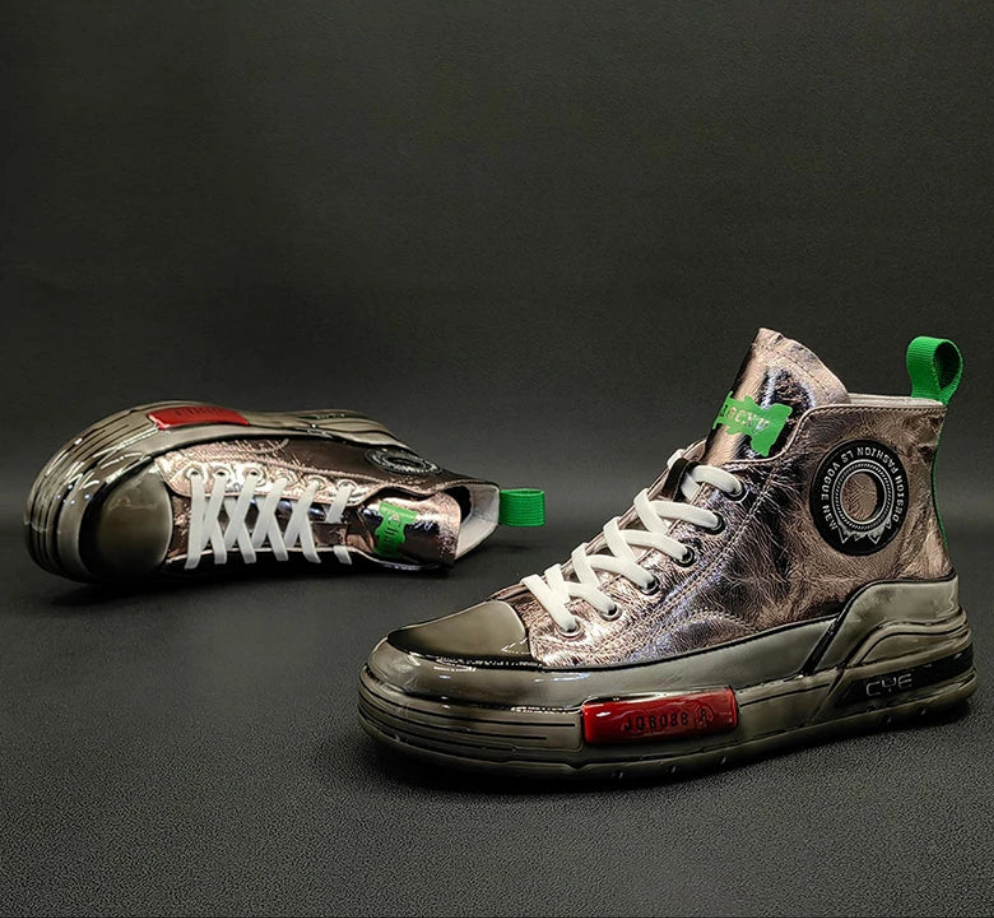 Men's Metallic Genuine Leather Rubber Sole Lace-Up Hightop Skater Sneakers
