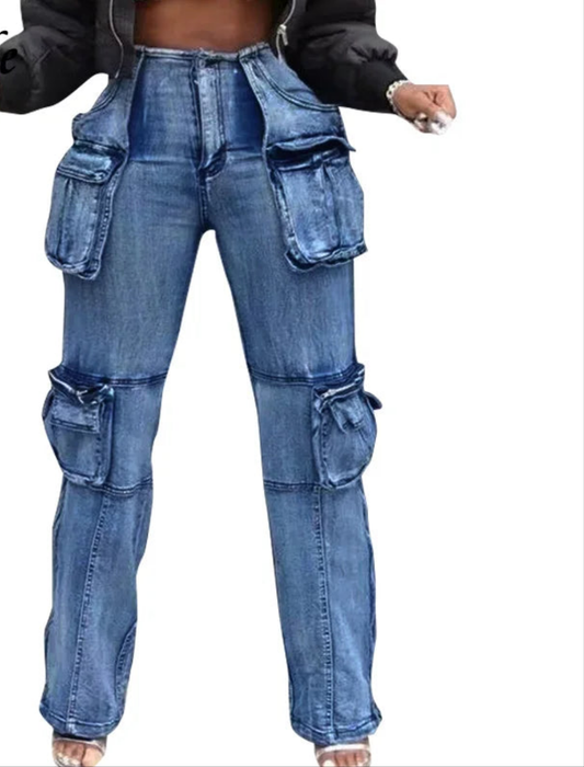 Denim Y2K Wide Leg Multi Pocket Streetwear Patchwork Stretch Women's Cargo Jeans