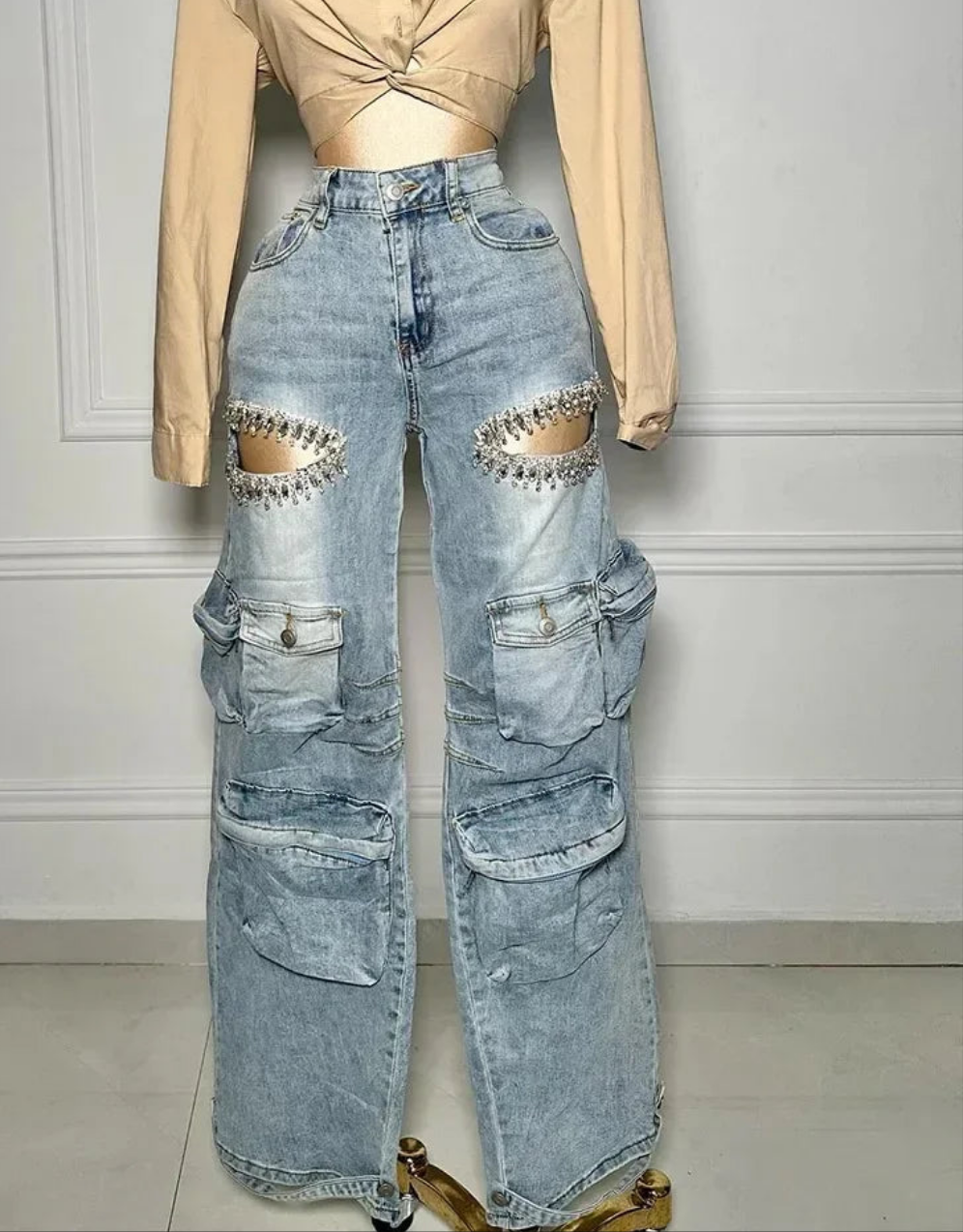 Denim Diamond Crystal Cut-Out Tassels Design Multi-Pocket Hollow-Out Straight High Waist Wide Leg Cargo Jeans