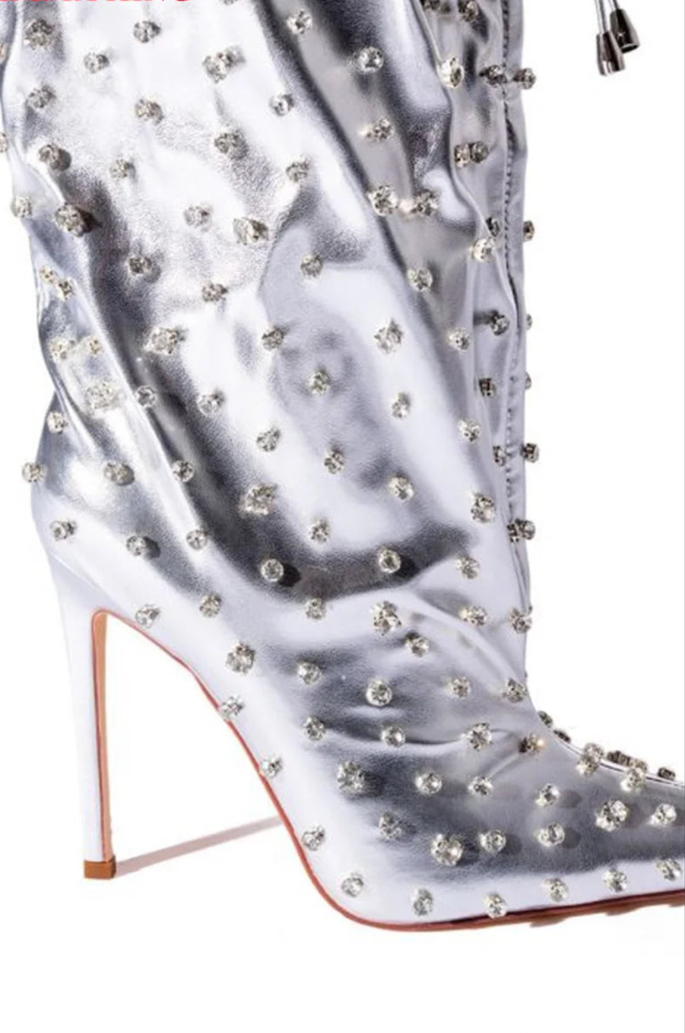 Silver Metallic Crystal Embellished Drawstring High Heel Pointed Toe Leather Women's Ankle Boots