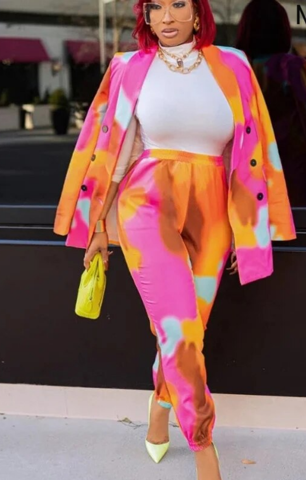 Tie-Dye Geometric Multi-Colored Ladies Neon Blazer + Pants Suit to 3X Plus Size