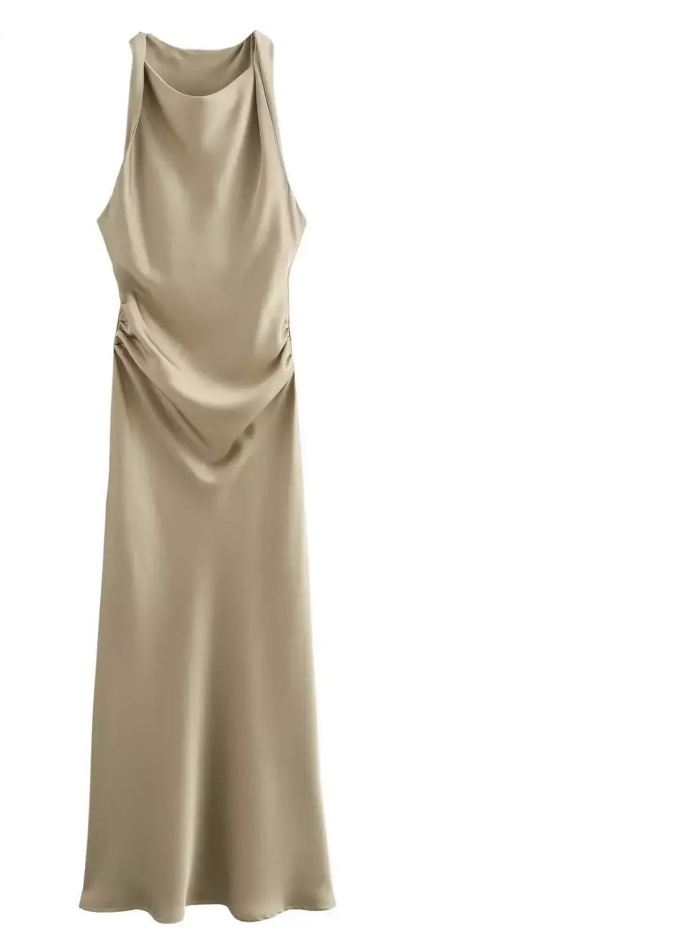 Satin Ruched Pleated Solid Color Sleeveless O-Neck Long Dress
