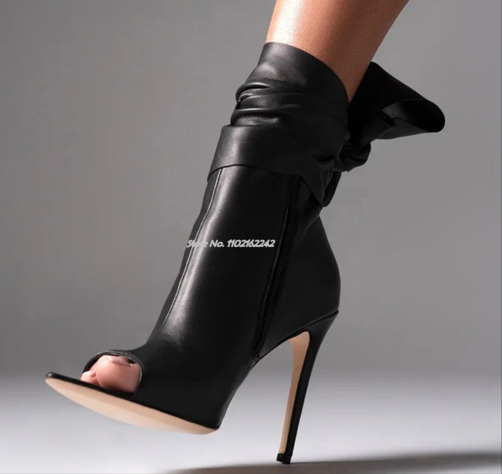 Bowtie Detail Women's Peep Toe Genuine Leather Pointed Toe Stiletto Heel Side Zipper Ankle Boots