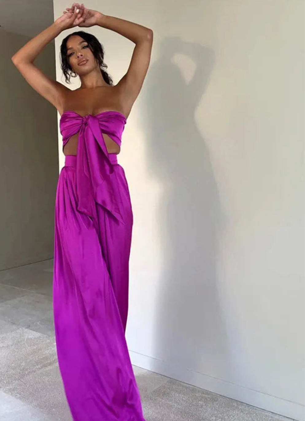 Bandage Slash Neck Bowtie Detail Strapless Crop Top + Wide Leg Pants Matching 2-Piece Set