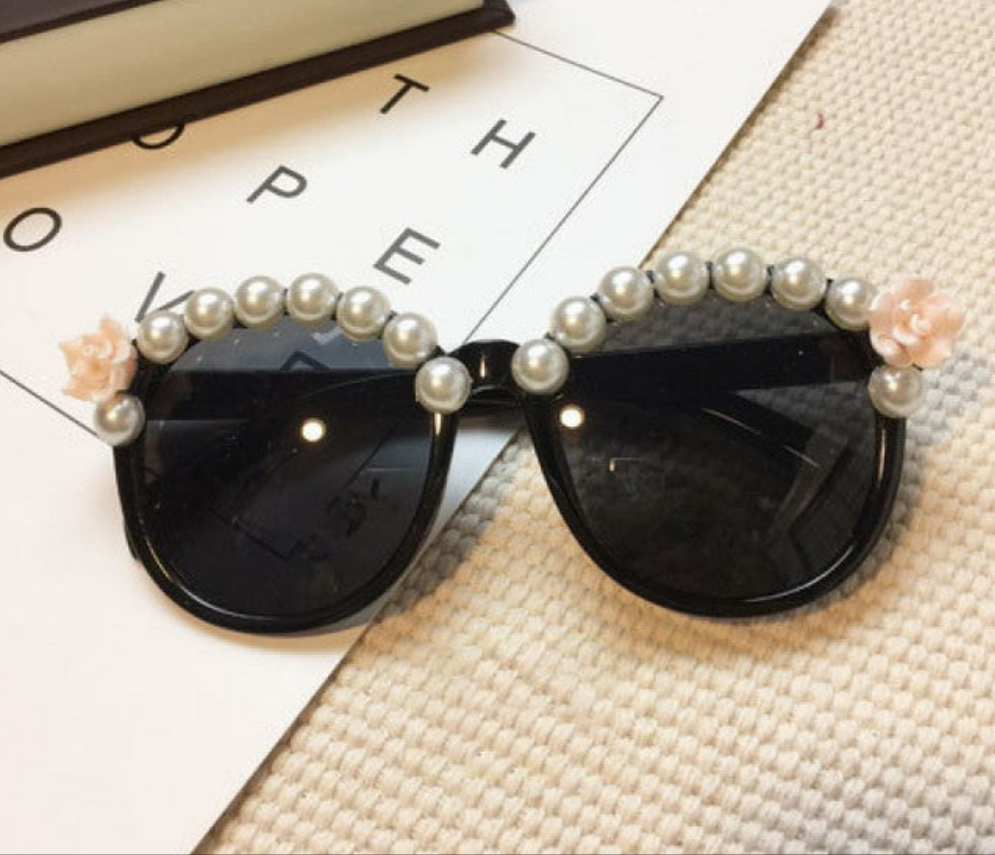 Embellished Round Crystal Diamond Pearl Handmade UV400 Mirror Lens Flower Sunglasses