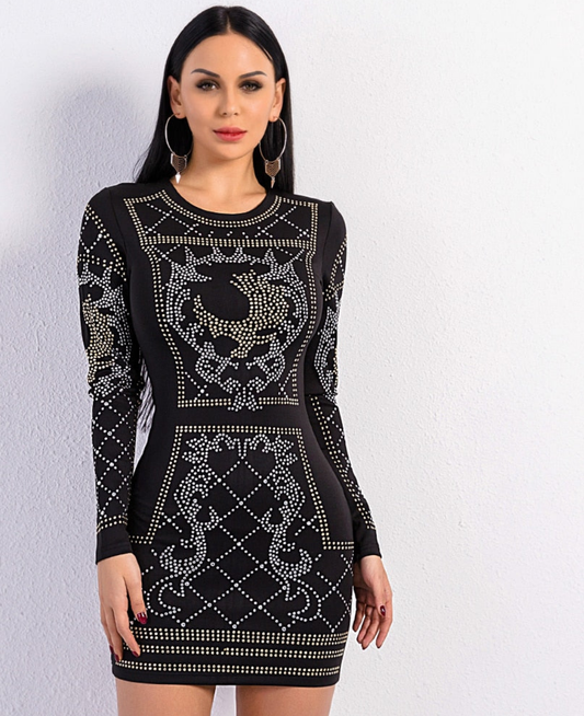 Black Metallic Rhinestone Sequin O-Neck Long-Sleeved Mini Dress