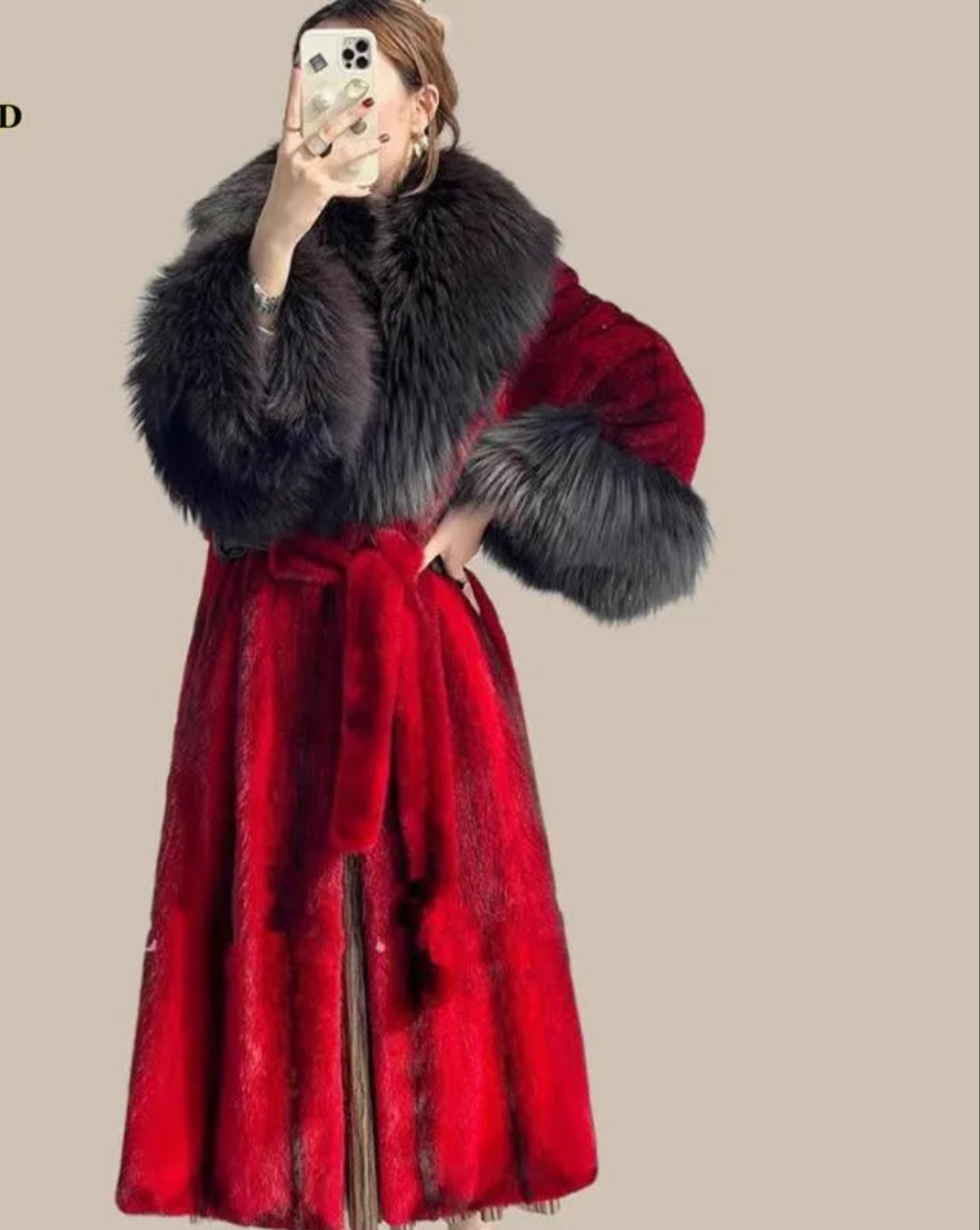 Oversized Faux Fur Collar Design Women's Adjustable Waist Trenchcoat
