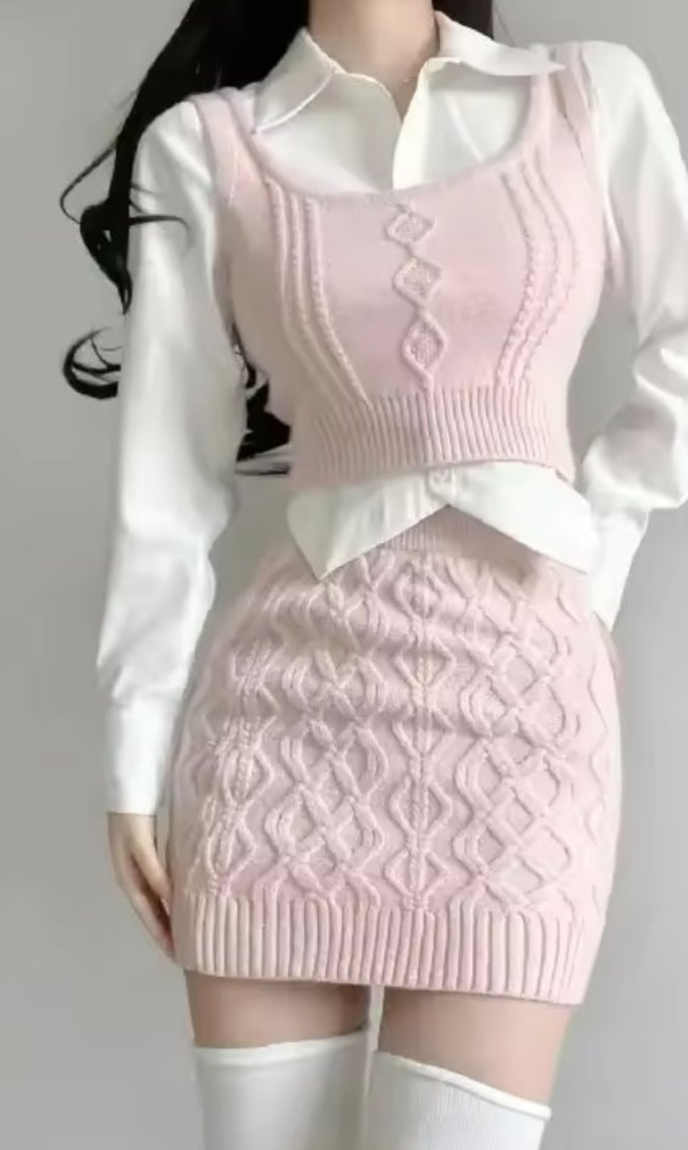 Knitted Sweater Vest + Mini Skirt + White Turn-Down Collar Long Sleeve Blouse 3-Piece Sweater Set