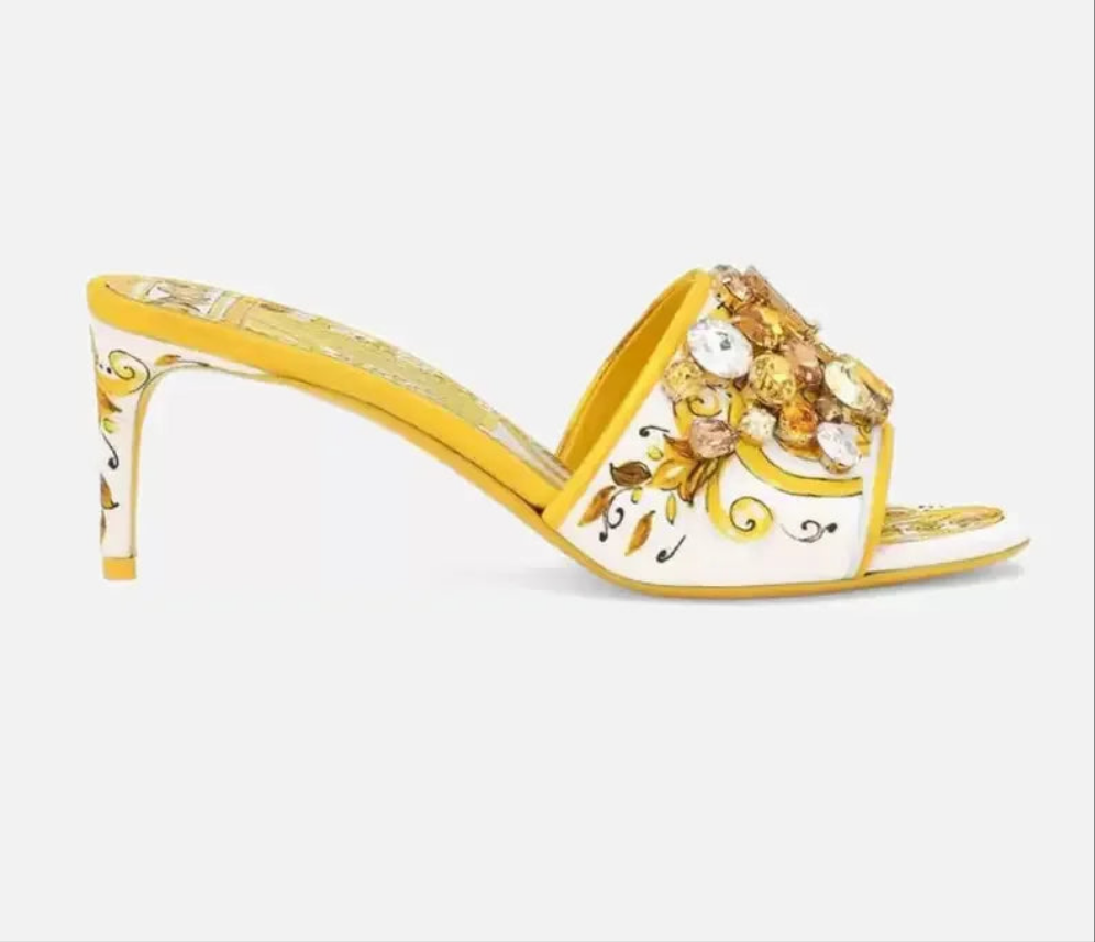 Baroque Print Rhinestone Designer Women's Open Toe Stiletto Slipper Sandals