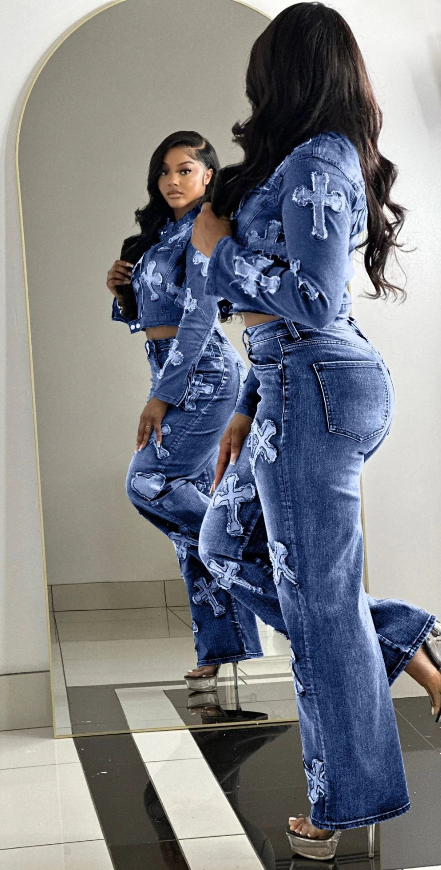 Denim Cross Embroidered Women's Long Sleeve Zipper Jean Jacket + Jeans 2 Piece Set