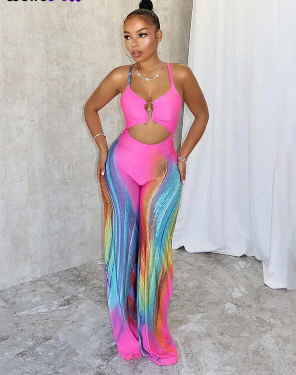 Hot Pink Colorblock Gradient Swirl Print Hollow-Out Sleeveless Jumpsuit