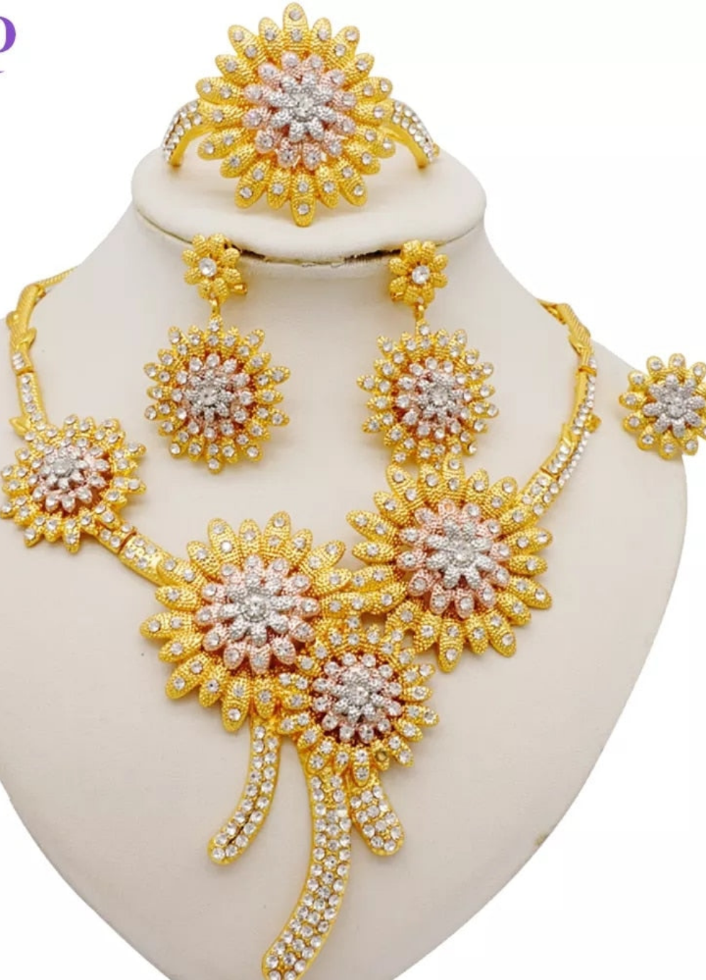 African Nigerian Crystal Floral Necklace, Bracelet, Earrings 3-Piece Jewelry Sets