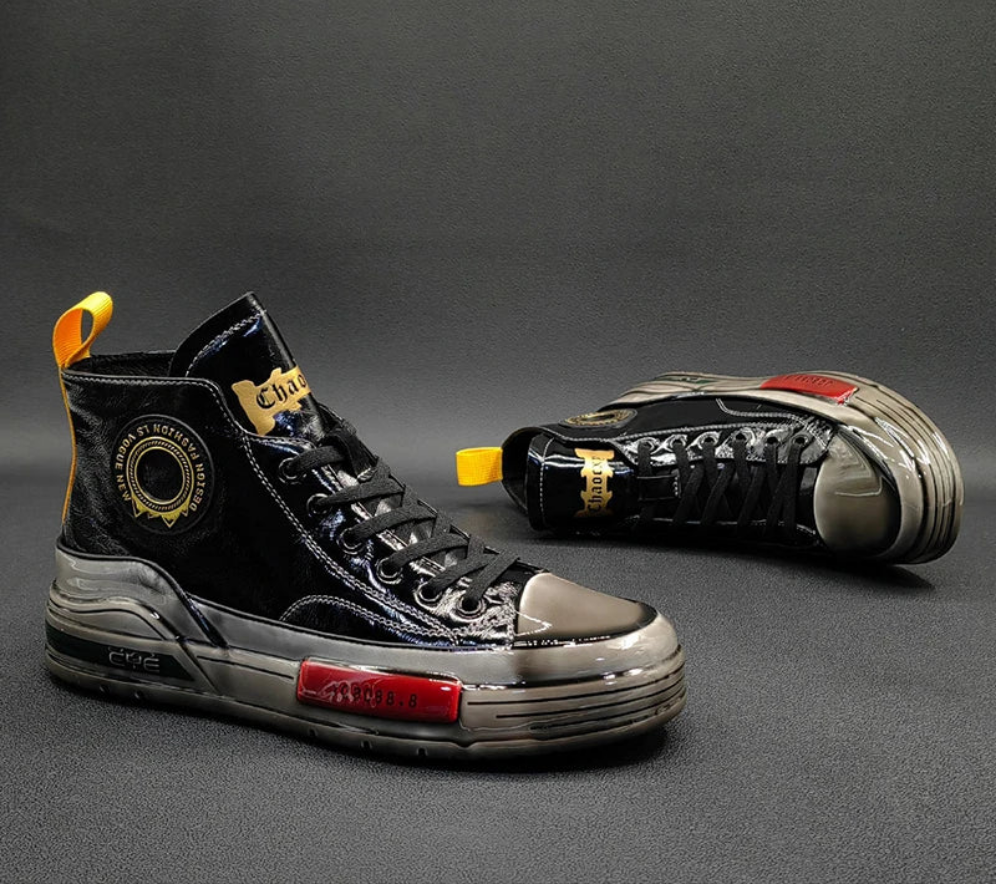 Men's Metallic Genuine Leather Rubber Sole Lace-Up Hightop Skater Sneakers