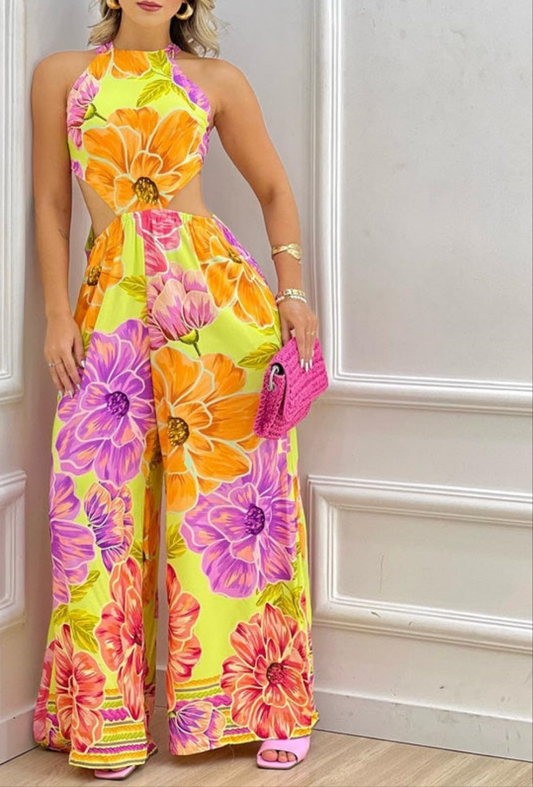 Pastel Flower Print Halter Lace-Up Sleeveless Backless Wide Leg Jumpsuit